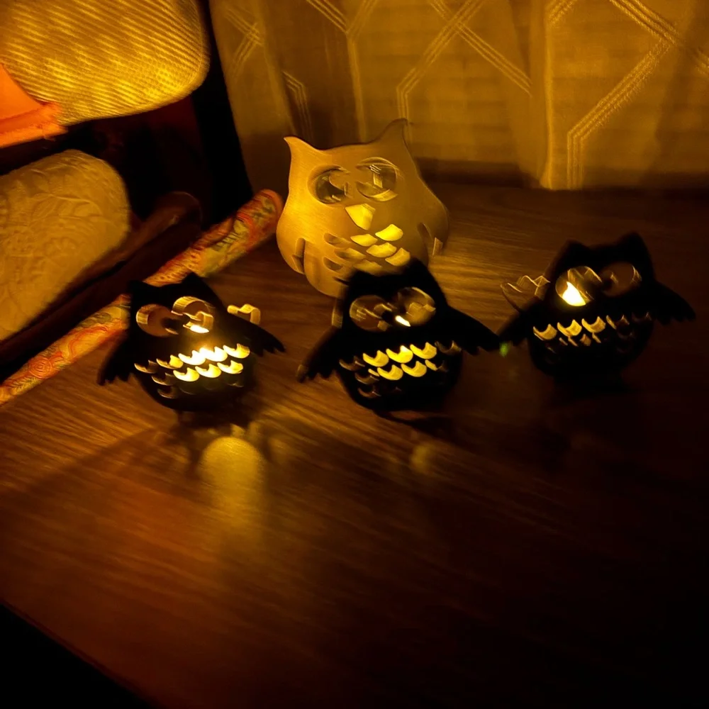 Yankee Candle Set of Metal Owl Candle Light Holders. 4 babies & Momma 3”&4”H
